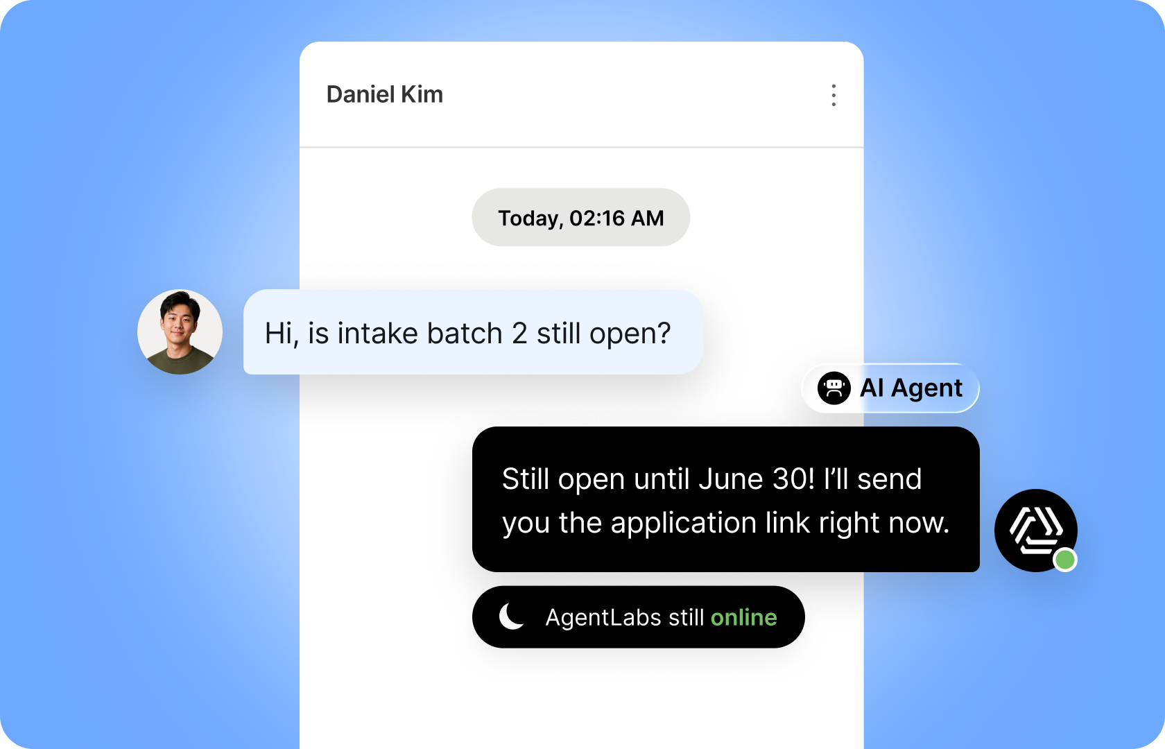 AI agent Qiscus AgentLabs membalas pertanyaan pendaftaran peserta didik secara real time