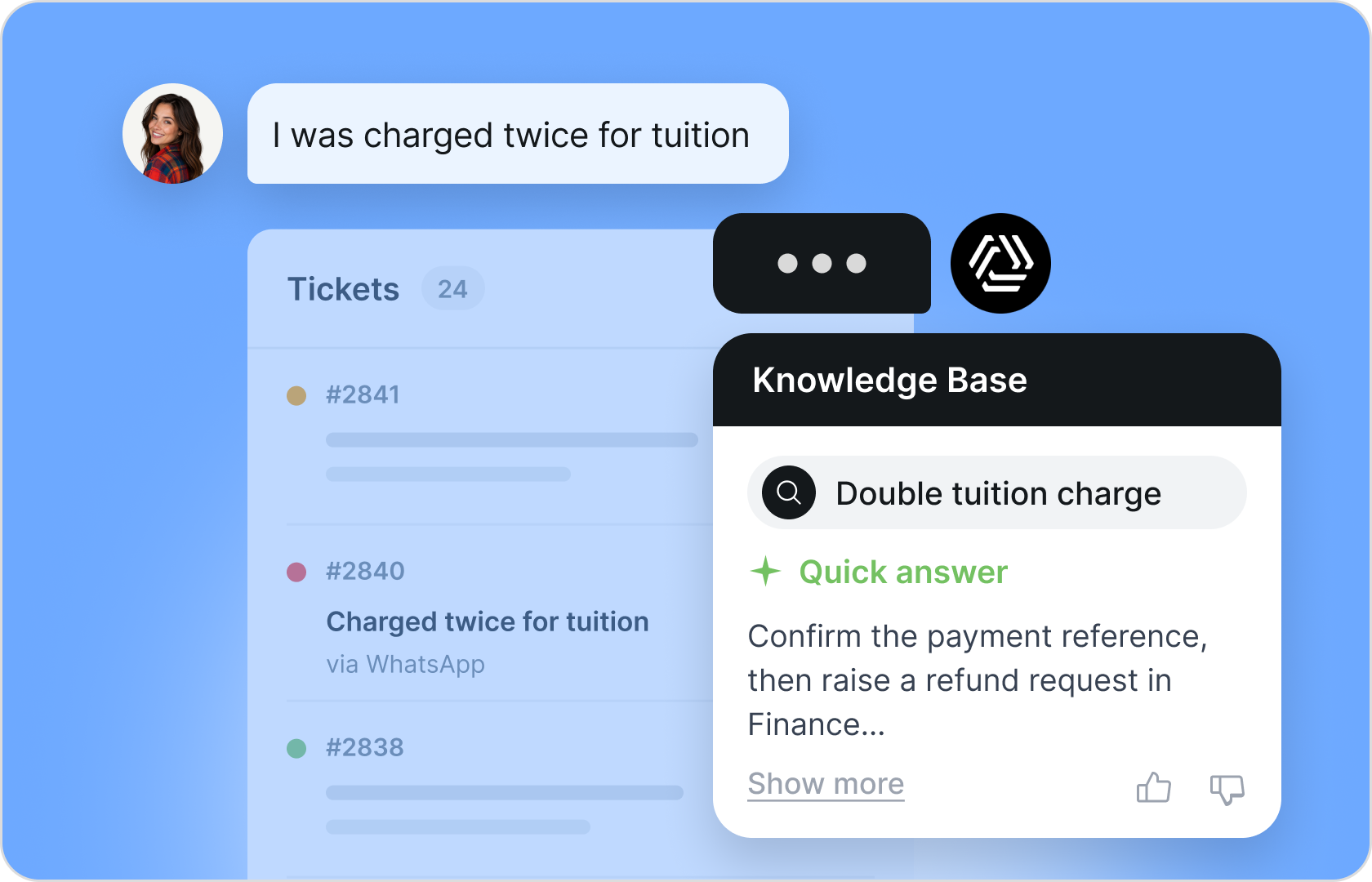Daftar tiket Qiscus Helpdesk dengan quick answer knowledge base bertenaga AI