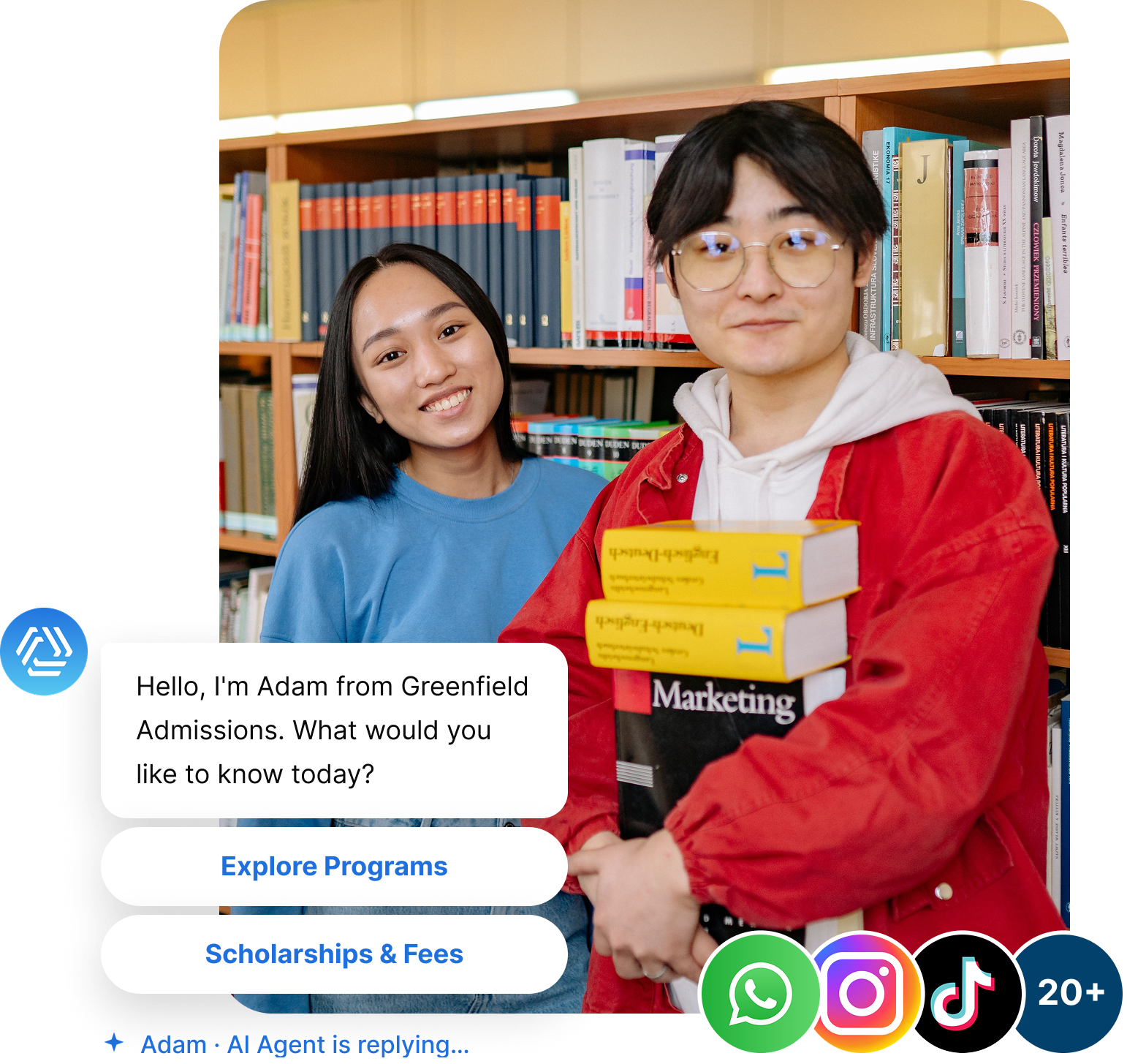 AI agent Qiscus membalas chat calon peserta didik lewat WhatsApp, Instagram, dan TikTok