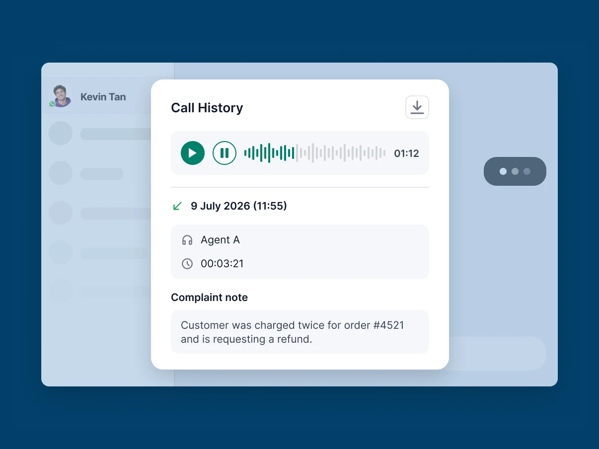 Call History panel with an audio recording player, download button, agent name, duration and a complaint note