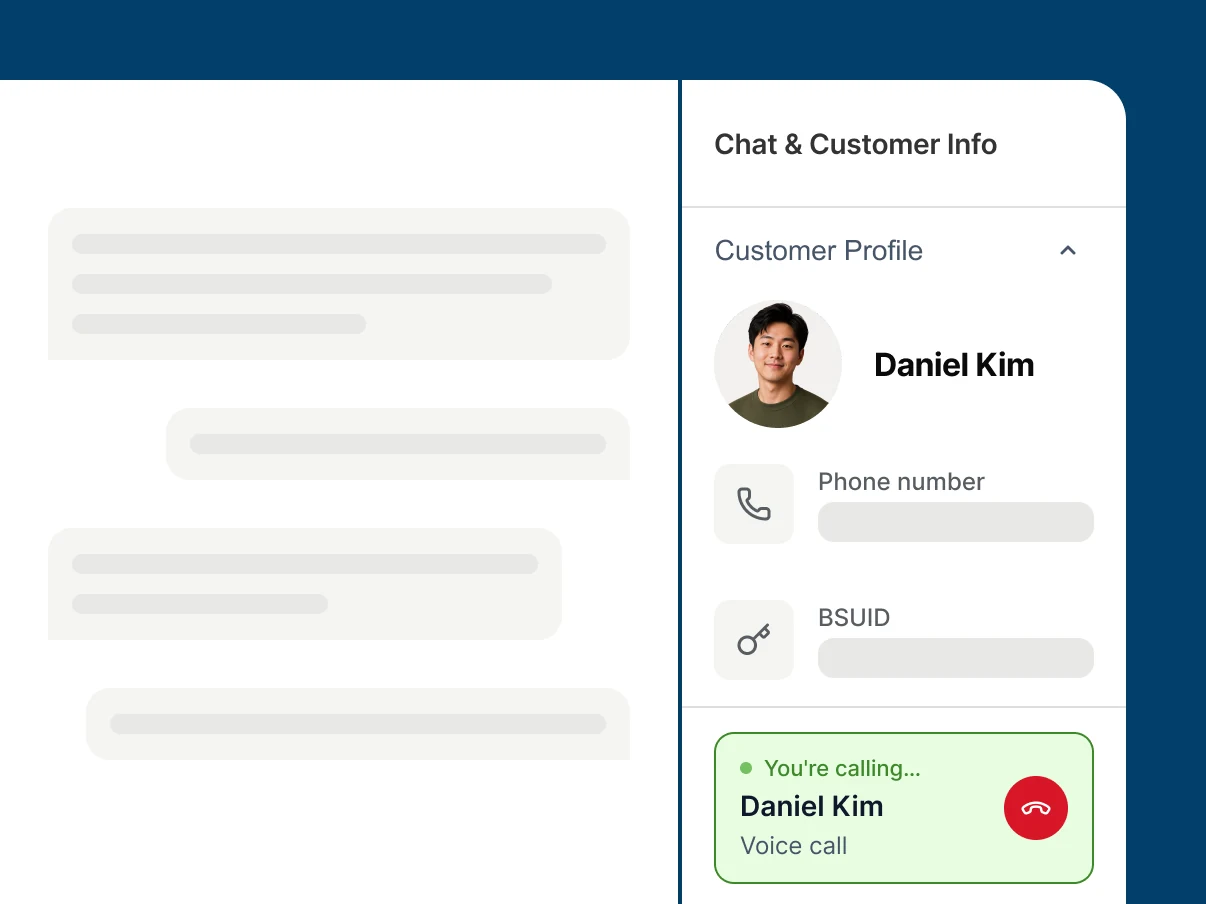 Chat history and customer profile open in the Qiscus dashboard while a voice call to the customer is in progress