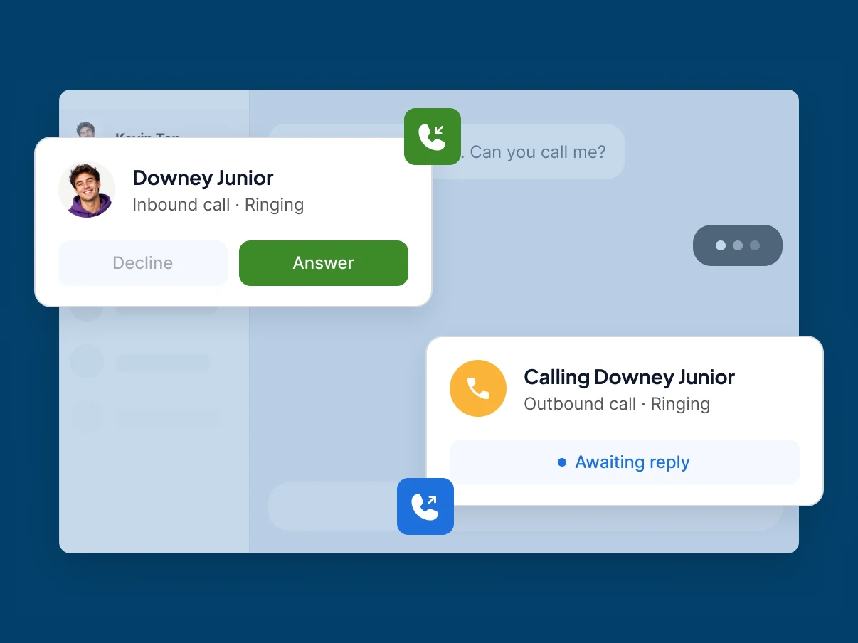 An inbound call ringing with Answer and Decline buttons next to an outbound call awaiting a reply, inside the Qiscus dashboard