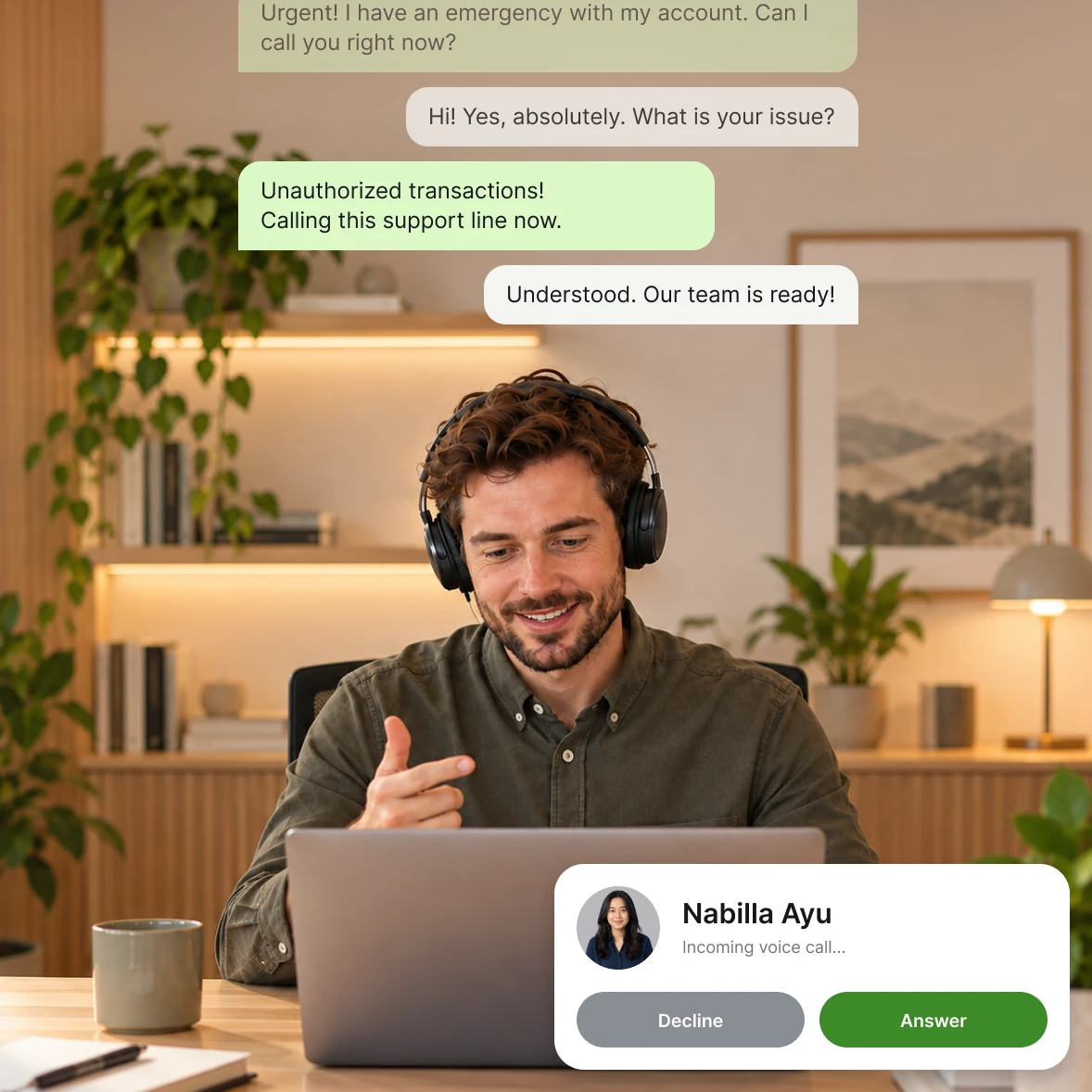 An agent on a headset takes a customer's call at a laptop while the customer's chat messages sit above