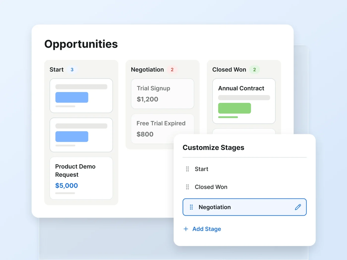 Customizing sales pipeline stages in QCRM