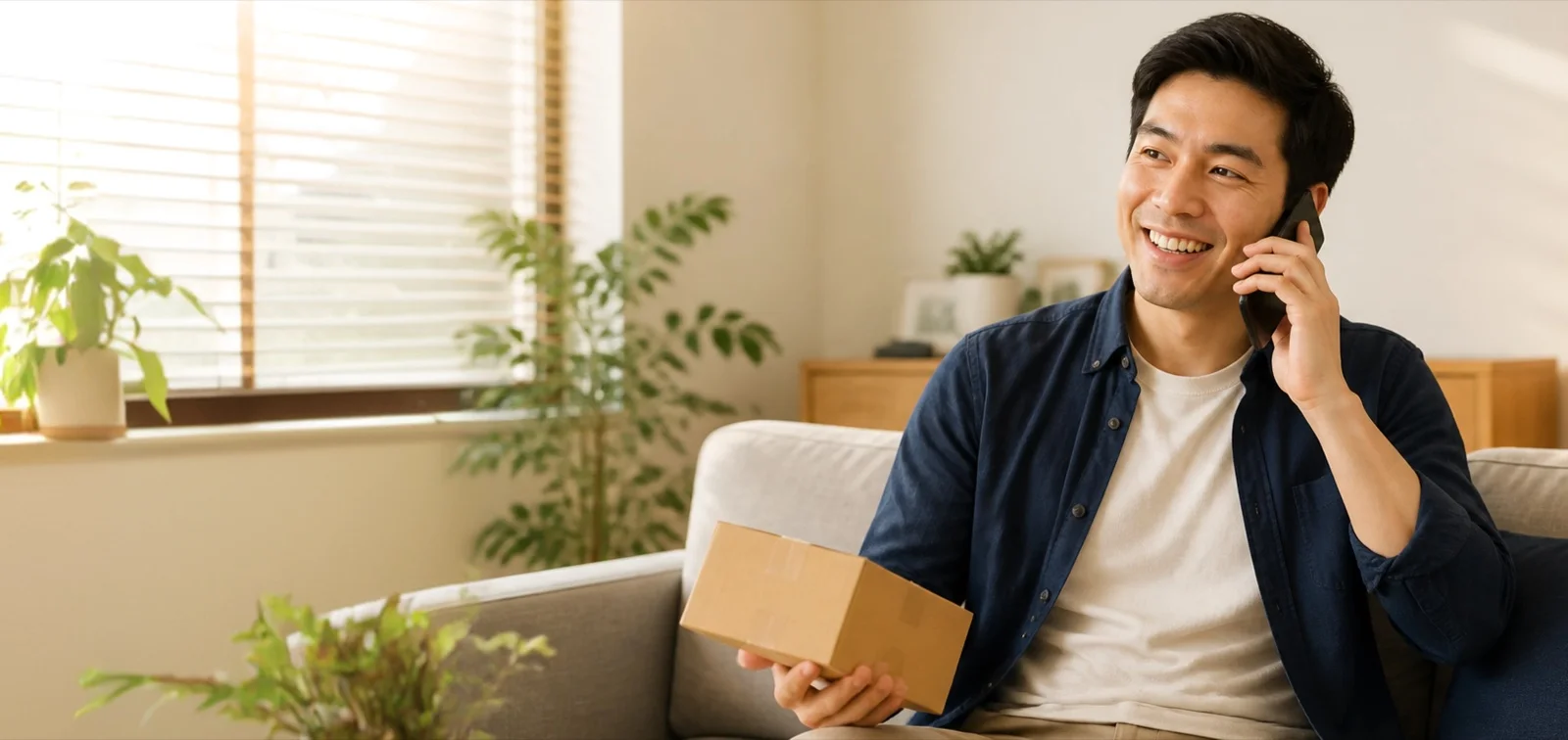 Customer relaxing at home on a WhatsApp voice call with a support agent