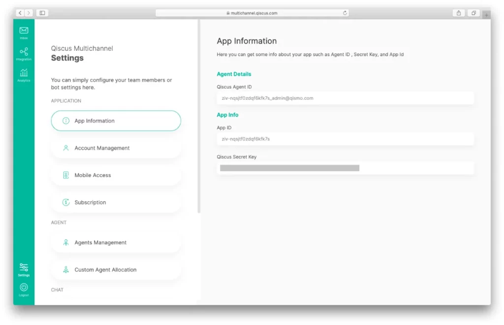 App Information in the Qiscus Omnichannel Chat settings