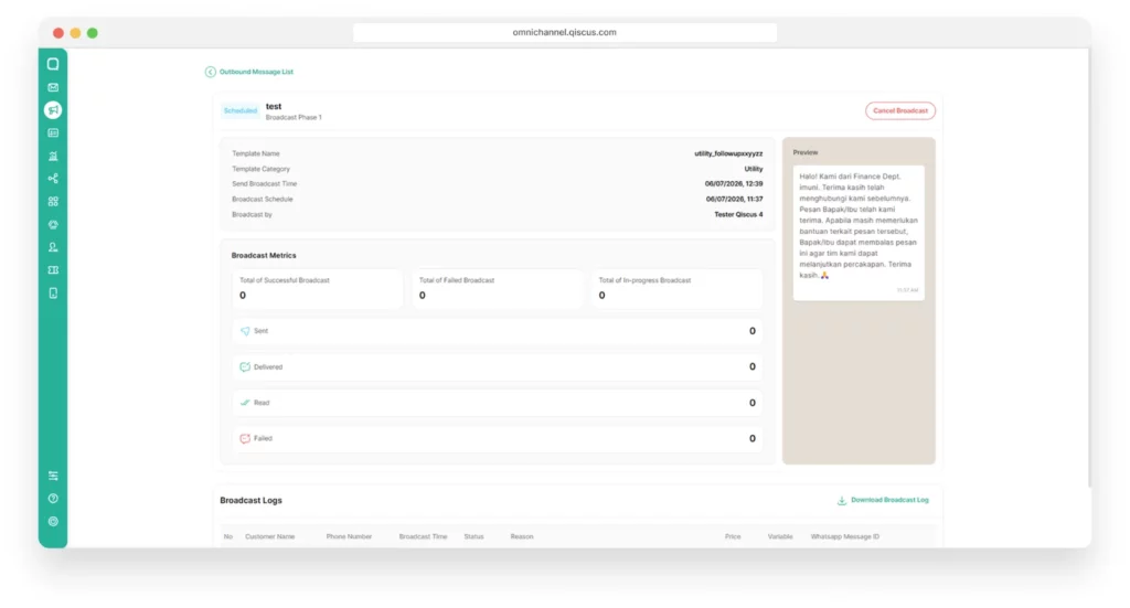 Broadcast details with delivery statistics and message logs