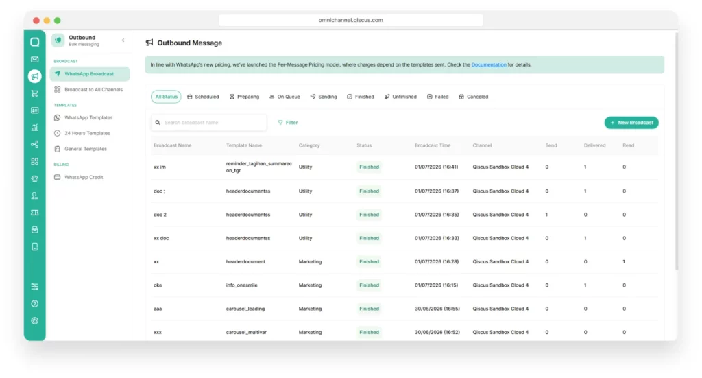 Broadcast history on the Qiscus Omnichannel Chat dashboard