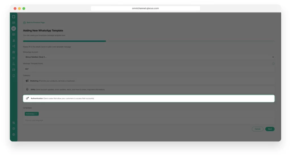 Choosing the Authentication category for a new OTP template