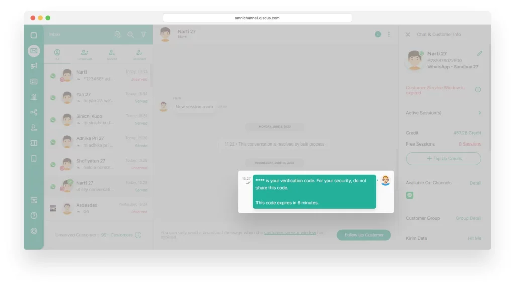 The OTP code hidden in the Qiscus Omnichannel Chat inbox