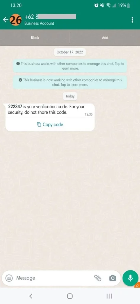 The WhatsApp OTP message received by the customer